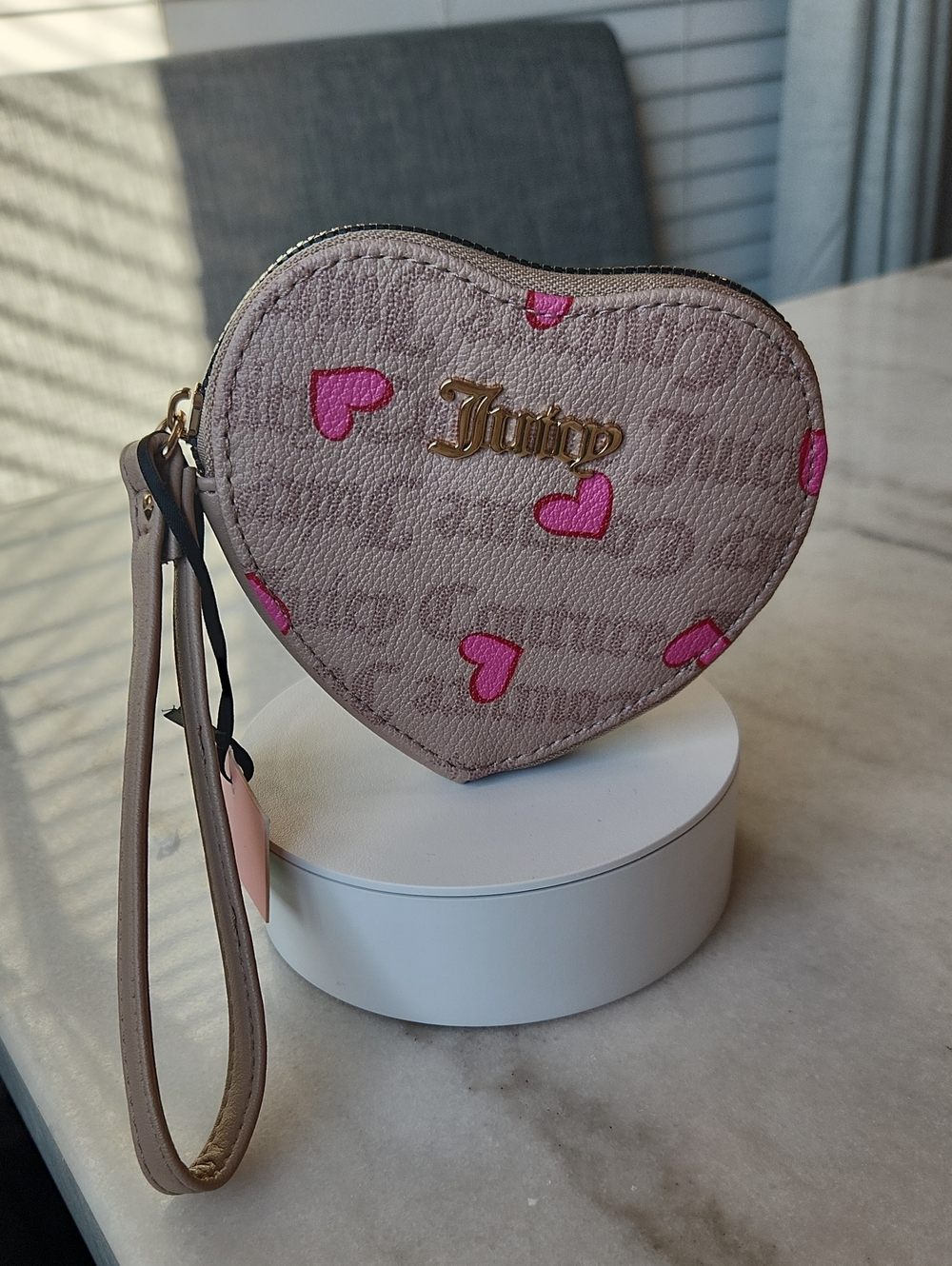 Juicy Couture Taupe Heart Wristlet with Pink Hearts